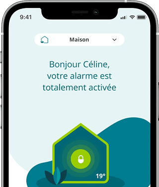 Application Nexecur — Interface de gestion de l'alarme. Notification : Bonjour Céline, votre alarme est totalement activée.